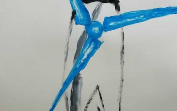 Kinderzeichnung mit einer Rakete, an der sich blaue Windrad-Flügel drehen. Handschriftlich "Windräder statt Raketen"