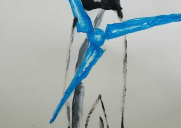 Kinderzeichnung mit einer Rakete, an der sich blaue Windrad-Flügel drehen. Handschriftlich "Windräder statt Raketen"